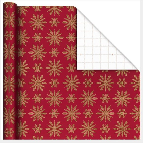 Hallmark Wrapping Paper Christmas Elegant Gold Snowflakes on Red 22.5 sq ft Roll - Picture 2 of 6